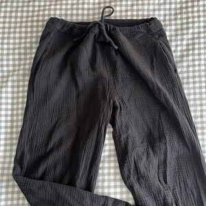 Black cotton gauze long wide leg crinkle cotton pant